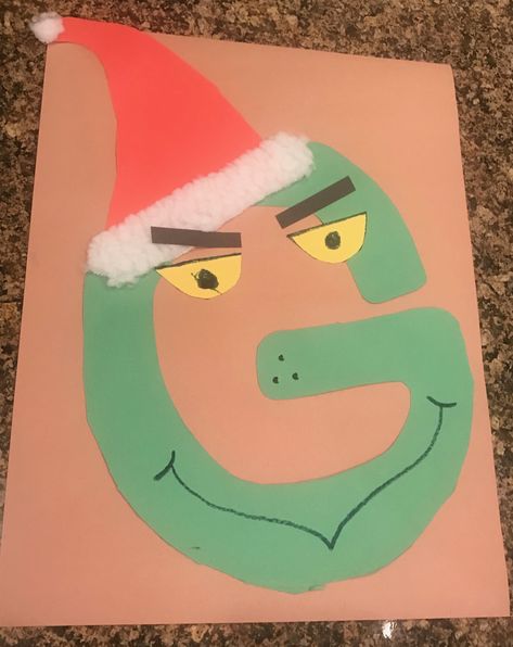 Letter “G” is for Grinch craft Prek Grinch Crafts, Grinch Worksheets For Preschool, G Is For Grinch Craft, G Art For Preschool, The Grinch Preschool Activities, G Letter Craft, G Handprint Craft, Letter G Preschool Crafts, Letter G Crafts For Preschool