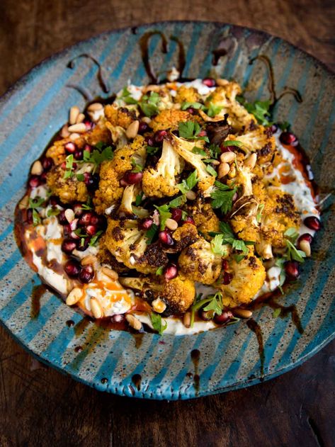 Roasted Cauliflower with Herbed Yogurt, Pomegranate Molasses and Smoked Paprika Oil Reset Month, Pine Nut Salad Recipe, Pine Nut Salad, Thanksgiving Sidedish, Cauliflower Quinoa, Nut Salad, Curry Cauliflower, Grilled Broccolini, Crispy Cauliflower