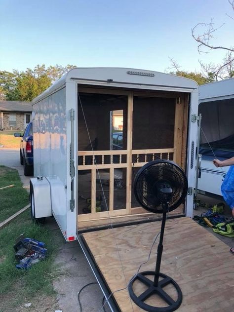 Pocket sliding screen door out the back Convert Utility Trailer Into Camper, Covered Trailer Conversion, Utility Trailer Camper Conversion, Cargo Camper Conversion, Converted Cargo Trailer To Camper, Utility Trailer Upgrades, Converted Cargo Trailer, Utility Trailer Camper, Trailer Camper Conversion