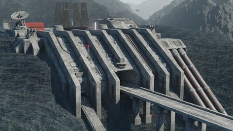 Space Engineers Base Design, Futuristic Research Facility, Brutalist Sci Fi, Star Wars Imperial Base, Satisfactory Base Design, Star Wars Environment, Bunker Ideas Underground, Futuristic Factory, Star Wars Buildings