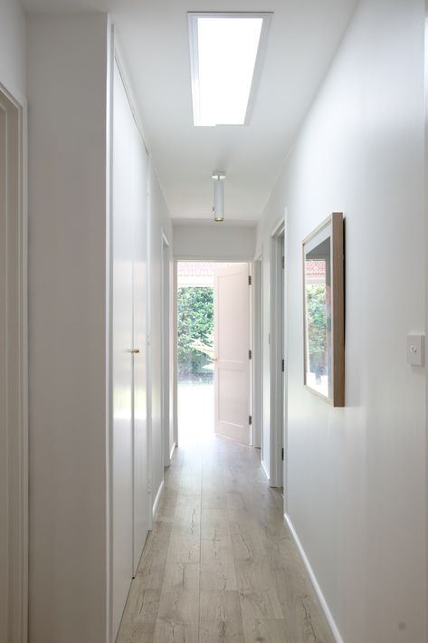 Skylights In Hallway, How To Brighten A Dark Entryway, Dark Hallway Lighting Ideas, Brighten Hallway, Dark Entryway Ideas Brighten, Skylight Hallway, Skylights Ideas Roof Light, Illume Skylight, How To Brighten A Dark Hallway