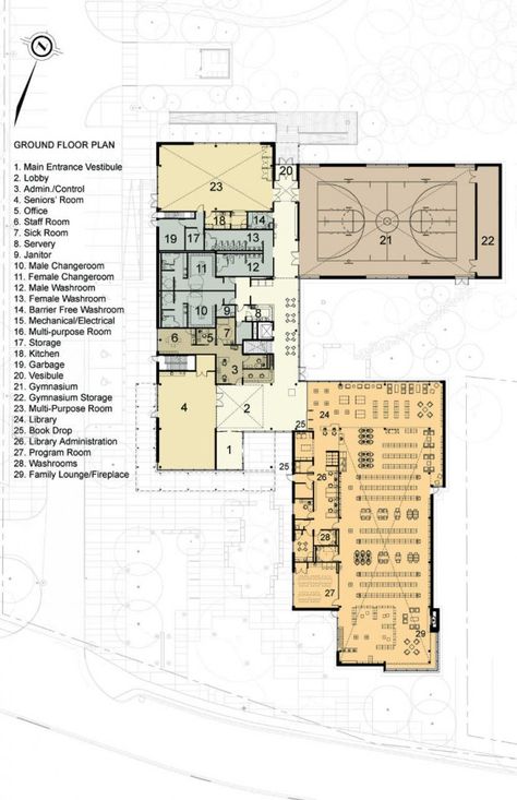 Brooklin Community Centre and Library | Perkins + Will | ground floor plan Library Design Ideas, Library Floor Plan, School Floor Plan, Public Library Design, Sports Facility Architecture, Library Plan, Community Library, Community Halls, Plans Architecture