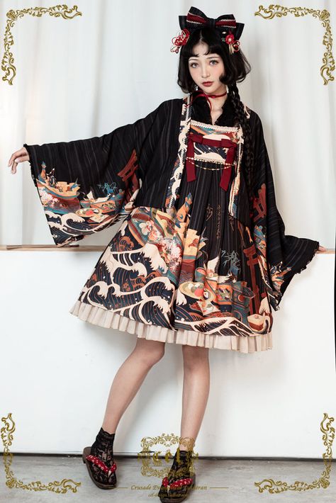 CEL Lolita -Kaiseki in Waves- Wa Lolita Haori (printed version) Dresses Reference, Japanese Lolita Fashion, Models To Draw, Lolita Outfits, Victorian Clothing, Japanese Street Fashion, Japanese Outfits, Lolita Dress, Gothic Lolita