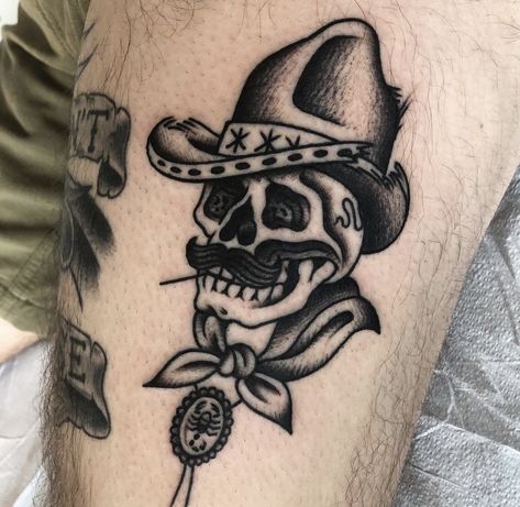 Skeleton Sombrero Tattoo, Country Patchwork Tattoo, Mexican Cowboy Tattoo, Cowboy Skull Tattoo Traditional, Skull Cowboy Tattoo, Traditional Cowboy Tattoo, Cowboy Skull Tattoo, Western American Traditional Tattoo, Cow Skull Tattoo