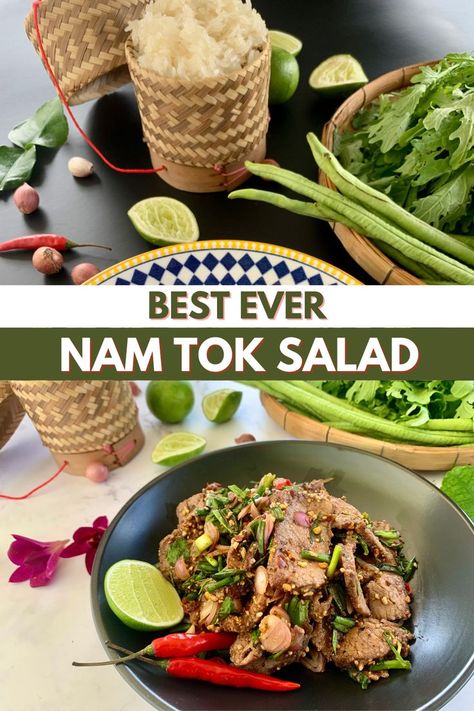 Thai nam tok neua salad with sticky rice and fresh vegetables. Myanmar Food Recipe, Thai Beef Salad Recipe, Crunchy Asian Salad, Easy Thai Recipes, Healthy Thai Recipes, Thai Beef Salad, Salad Dressing Recipes Healthy, Thai Beef, Satisfying Salads