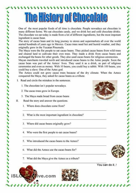 Funny Worksheets, Esl Reading Comprehension, Free Reading Comprehension Worksheets, Reading Comprehension Texts, Spanish Reading Comprehension, History Of Chocolate, Esl Reading, Spanish Reading, English Grammar Worksheets