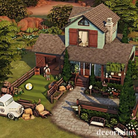 Ray | The Sims 4 | GREEN RANCH - DÉCOR Rancho verde | The Sims 4 🪴Galeria: decortsims 🪴(noCC) ✨Partners post: • @heybrubs17✨ • @stella.builds ✨ 🪴Edit:… | Instagram Cute Ranch House, Sims 4 Town, Sims 4 Ranch House, Sims Farm, Sims 4 Ranch, Sims4 Inspiration, Green Ranch, Sims Exterior, Sims4 Houses