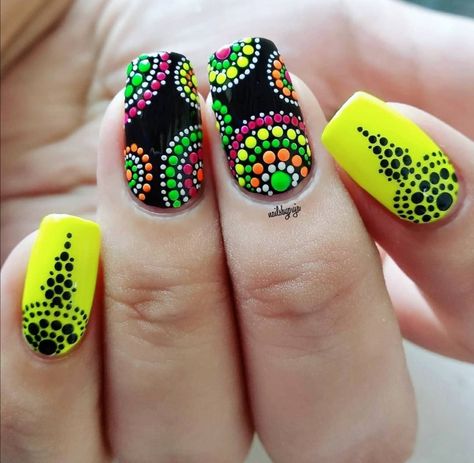 Neon Dot Nails, Mandala Nail Art Design, Dot Art Nails, Mandala Nail Art, Burgundy Acrylic Nails, Dot Nail Art Designs, Winter Nail Art Designs, Mandala Nails, Tape Nail Art