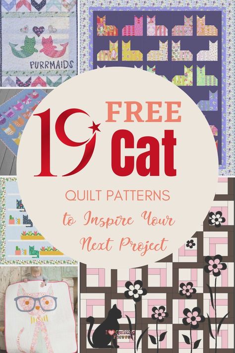 Top 19 Free Cat Quilt Patterns (+7 Bonus Patterns For Sale) Quilt Cats Free Pattern, Patchwork, Cat Patchwork Quilt, Cats On Cats Quilt, Cat Themed Quilts, Cat Patchwork Pattern, Cat Block Quilt Patterns, Cat Quilt Blocks Free Pattern, Cat Quilt Patterns Templates