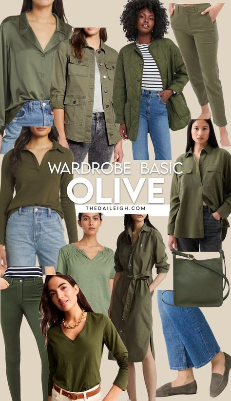 Wardrobe Color: Olive Olive Capsule Wardrobe, Green Capsule Wardrobe, Olive Green Wardrobe, Classic Fitted Olive Outerwear, Olive Color Outfits, Olive Green Fashion, Olive Green Womens Shirts, Olive Green Outfits For Women, Fall Olive Shirts / Sweaters For Women