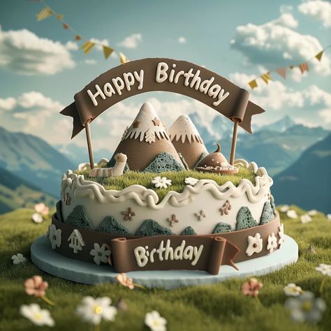 This is a picture of a birthday cake. The cake is decorated with two mountains, some flowers, and a banner that says "Happy Birthday." The cake is sitting on a green field with a blue sky and white clouds in the background. Birthday Cake Mountain, Cake With Mountains, Adventure Cake, Mountain Cake, Mountains Flowers, Green Field, Baby Birthday Cakes, A Birthday Cake, Cafe Ideas