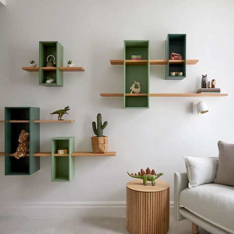 All posts • Instagram Baby Room Shelves, Bath Bomb Packaging, Color And Light, Modern Kids Bedroom, Different Shades Of Green, Hall Design, Art Storage, Small Wood Projects, Dining Room Walls