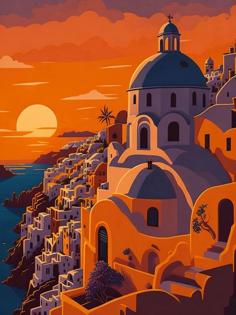 A digital art creation of a beautiful sunset in Santorini, Greece Room Posters Aesthetic, Aesthetic Greek, Greek Paintings, Web Design Websites, Santorini Sunset, Posters Aesthetic, Design Websites, Santorini Greece, Room Posters