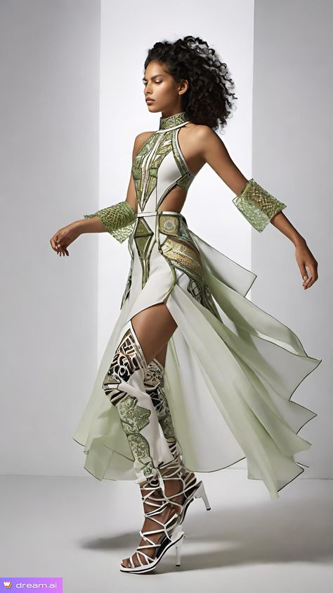 Solarpunk Fashion Outfits, Egyptian Style Clothes, Solarpunk Outfit, Egyptian Clothing Women, Modern Egyptian Fashion, Solarpunk Fashion, Goddess Outfit, Frilly Dresses, Women Dresses Classy