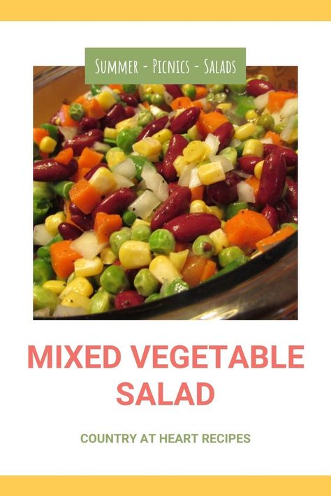 Try this Mixed Vegetable Salad when you're looking for a cold dish to serve with dinner. It's quick and easy and a nice variation on 3-Bean Salad. The sweet vinegar dressing and bright color is perfect for any summer barbecue or picnic. #mixedvegetablesalad #mixedvegetables #sidedishes #salads #kidneybeans #vinegardressing #picnics #barbecues #countryatheartrecipes https://countryatheartrecipes.com/2017/06/mixed-vegetable-salad/ Vegetable Salad, Mixed Vegetable Salad Recipes, Mix Vegetable Recipe, Best Coleslaw Recipe, Recipes Salads, Vegetable Salad Recipes, Heart Recipes, Fresh Salad Recipes, Vinegar Dressing