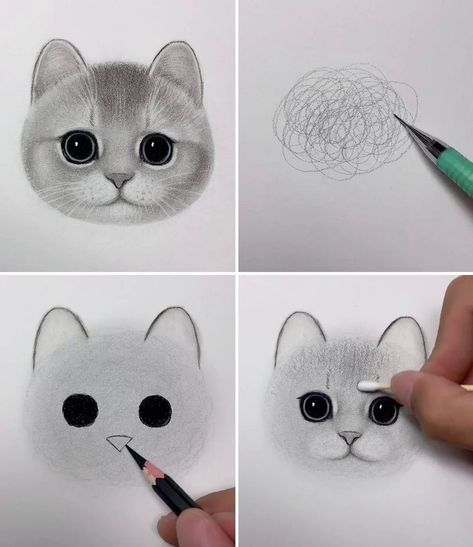 Draw a Cat Face with Simple Tricks | house cat, face, pencil | How to Draw Pencil Drawing Cat for Kids :) | By Kids Art & Craft | Facebook | Hi everybody, today we are going to make a cat drawing. For that first make random round lines then make shapes by rubbing it with cotton ball then make its eyes using dark colour pencil. Same way make its mouth, nose then add details to the eyes using white pencil. Next take an earbud and give shape to its nose and mouth portion as we are doing in the vide A Cat Drawing, Easy Cat Eye, Cat Face Drawing, Simple Cat Drawing, Draw A Cat, Drawing Rocks, Polymer Clay Halloween, Draw Pencil, Mouth Drawing