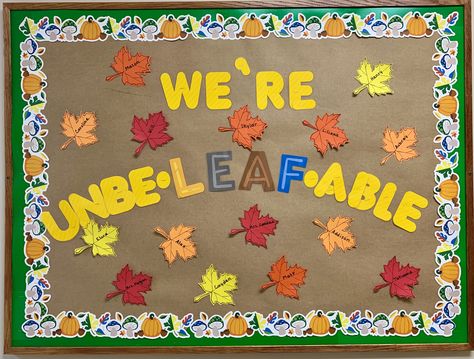 Fun fall bulletin board August Bulletin Boards, Fall Bulletin Board Ideas, Daycare Bulletin Boards, September Bulletin Boards, Toddler Bulletin Boards, October Bulletin Boards, November Bulletin Boards, Kindergarten Bulletin Boards, Class Bulletin Boards