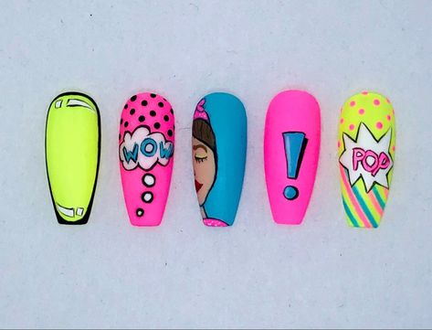 Pop Culture Nail Art, Pop Art Nails Designs Simple, Pop Art En Uñas, Uñas Pop Art, Inside Out Nails, Pop Art Nails Designs, Comic Nail Art, Korea Nail Art, Animation Nails