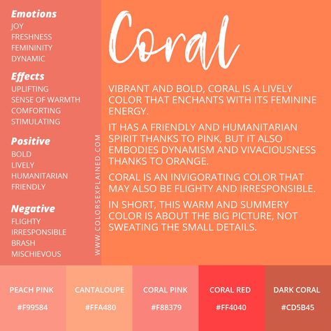 Meaning of the Color Coral: Symbolism, Common Uses, & More (2022) Peach Colour Meaning, Coral Branding Palette, Coral Color Pallete, Coral Quotes, Coral Branding, Coral Meaning, Vibrant Academia, Coral Aesthetic, Coral Color Palette