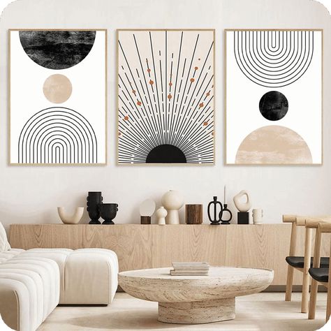 [Promotion] This wall art set is perfect for adding a modern, minimalist look to your mid-century modern living room decor. The neutral beige color palette and geometric shapes will bring a stylish touch to any room. The three pieces also come with hanging hardware, making them easy to install in any room. #midcenturymodernlivingroomdecor Modern Mid Century Living Room Decor, Black And Neutral Living Room Apartment, Simple Modern Apartment Decor, Sage Cream Black Living Room, Photo And Art Gallery Wall, Mid Century Modern Boho Decor, Large Wall Decor Living Room Modern, Beige And Black Office, Black White And Wood Living Room