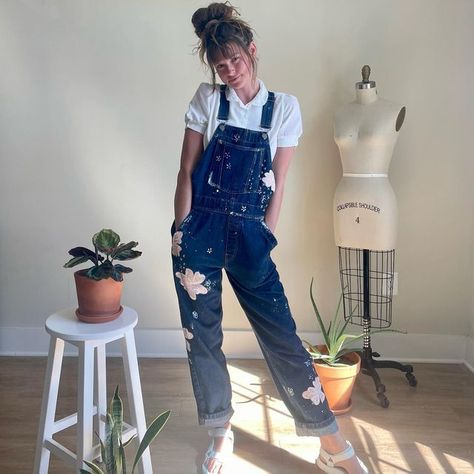 Embroider Overalls, Thrifted Overalls, Overalls Embroidered, Hand Painted Denim, Denim Jumper Dress, Embroidery Dresses, Designer Maxi Dress, Earth Pigments, Floral Print Jumpsuit