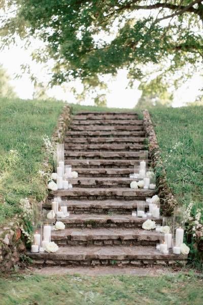 test via Magnolia Rouge Wedding Stairs Decoration Outdoor, Wedding Altar Candles, Outdoor Wedding Candles, Candle Stairs, Wedding Steps, Wedding Candle Centerpieces, Poetry Event, Purple Lilac Wedding, Wedding Stairs