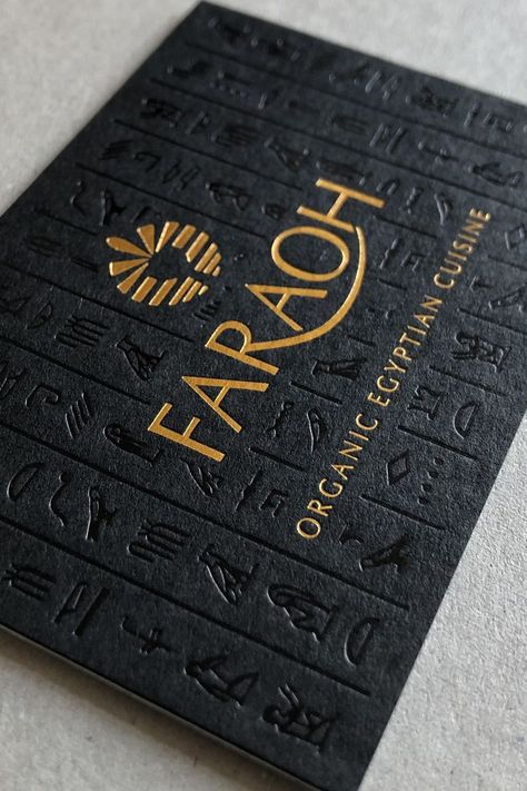 Antique gold foil logo and gloss black foil printed hieroglyphics on black card. Gold Black Packaging, Gold Foil Branding, Black Gold Packaging Design, Black And Gold Packaging Design, Gold Foil Printing, Business Card Black And Gold, Black Gold Business Card, Gold And Black Branding, Black And Gold Graphic Design