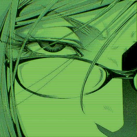 Anime Green Pfp, Dark Green Anime Aesthetic, Green And Black Pfp, Green Y2k Pfp, Green Hair Pfp, Green Aesthetic Drawing, Neon Green Pfp, Green Anime Icon, Dark Green Pfp