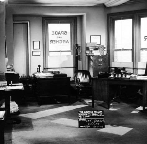 The Maltese Falcon (1941) Sam Spade’s office. Johnny Whitaker, Hard Boiled Detective, The Maltese Falcon, Maltese Falcon, Noir Detective, Grammy Museum, Detective Aesthetic, Noir Movie, Mystery Party