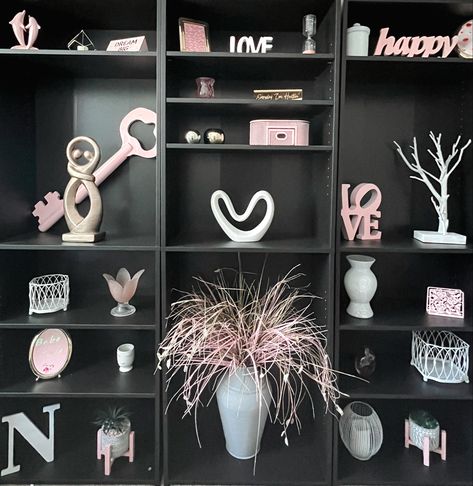 Black 5 shelf bookcase. Office decor. Office inspo. Pink office inspo. Pink And Grey Home Office, Black And Pink Office Decor, Black Pink Decor, Black And Pink Office Ideas, Black And Pink Room Decor, Pink Black Office, Black And Pink Decor, Black Home Aesthetic, Bookshelf Decor Living Room