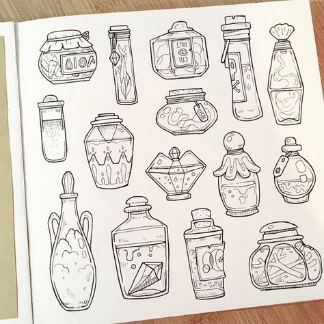 Johanna Forster on Instagram: "✨A collection of magic alchemy bottles. Do you have an idea for the second page with darker paper? 🤔 more bottles? Colored ones? Or ingredients? I passed my exams today 😍 greatest feeling! #magic #collection #bottles #alchemy #art #sketchbook #sketching #artist #freelancer #drawing #conceptart #illustration" Dungeons And Dragons Art Illustrations, Alchemy Bottles, Alchemy Illustration, Witch Oc, Bottle Drawing, Alchemy Art, Dungeons And Dragons Art, Muse Art, Handmade Book