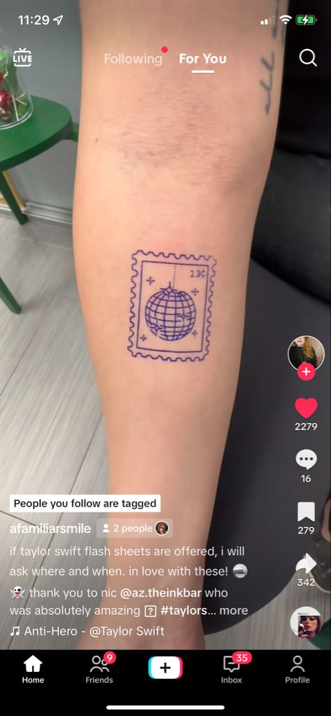 Disco Stamp Tattoo, Lowkey Taylor Swift Tattoos, Stamp Tattoo Taylor Swift, Concert Lover Tattoo, Taylor Swift 13 Tattoo Ideas, Taylor Swift Speak Now Tattoo, Taylor Swift Stamp Tattoo, Ts Tattoos, Tiny Disco Ball Tattoo