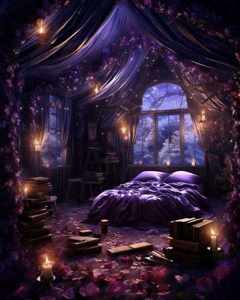 Witchy Rooms, Casa Fantasy, Gothic Decor Bedroom, Dream Bedroom Inspiration, Castle Bedroom, Purple Witch, Witch Room, Fantasy Bedroom, Fantasy Rooms