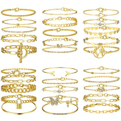 PRICES MAY VARY. Trendy Bracelets Set: you will get 30 pieces (6 sets) of gold bracelets for women, sufficient and various to meet your daily or party use and replacement needs; You can also share them with your friends and family members Multiple Styles: the gold bracelet set includes cube chain bracelet, paperclip chain bracelet, geometric buckle bracelet, punk style bracelet and so on, simple and exquisite; Each bracelet can be worn separately, or together for a layered look with other styles Cuban Jewelry, Amazon Jewelry, Dainty Gold Bracelet, Wrap Bangles, Bracelet Sets, Gold Chain Bracelet, Gold Bracelet Set, Trendy Bracelets, Gold Bracelet For Women