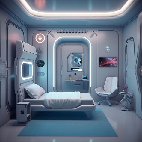 Capsule Bedroom, Spaceship Interior Bedrooms, Futuristic Bedroom Design, Futuristic Bedroom Ideas, Futuristic Hospital, Scifi Room, Sci Fi Room, Futuristic Room, Futuristic Bedroom