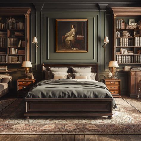 Moody Whimsical Decor, Southern Traditional Interior Design Bedroom, Dark Sophisticated Bedroom, Traditional Living Room Art, Victorian House Interiors Bedroom, Masculine Design Interior, Bridgerton Style Home Decor, Moody Bedroom Inspiration, Old British House Interior