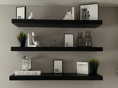 Wall shelves, Decor, Black, White, Gray, Decorate, Black Shelf Aesthetic, Black Floating Bookshelves, Shelf Decor Bedroom Men, Black Wall Shelf Decor, Floating Black Shelves Living Room, Black Shelf Decor Bedroom, Black Shelves Decor, Shelf Decor Men, Black Shelves Bedroom