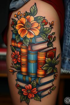 Flying Book Tattoo, Book Tattoo Ideas Traditional, Book Tattoo For Men, Book Tattoo American Traditional, Book And Coffee Tattoo, Floral Book Tattoo, Books Tattoo Ideas, Fantasy Book Tattoo, Book Tattoo Ideas For Women