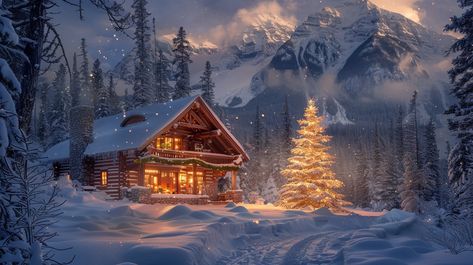 "Winter Wonderland Cabin: A cozy #retreat adorned with #holidaylights stands amidst a snowy landscape under a serene mountain backdrop. #naturephotography #cozyliving #winterscape #holidayseason #digitalartwork #creativeai #photographyart #aesthetic ⬇️ Download and 📝 Prompt 👉 https://stockcake.com/i/winter-wonderland-cabin_1093926_99591". Winter Cabin Art, Christmas Aesthetic Landscape, Christmas Aesthetic Horizontal, Christmas Cabin Aesthetic, Snowy Cabin In The Woods, Christmas Cabin In The Woods, Cozy Christmas Cabin, Cozy Winter Cabin, Snow Cabin