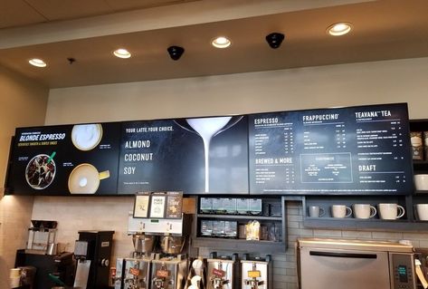 Is Starbucks switching to digital menu boards? Goodbye paper! - StarbucksMelody.com Starbucks Interior, Menu Board Diy, Cafe Menu Boards, Coffee Menu Design, Menu Board Restaurant, Menu Signage, Menu Board Design, Cafe Menu Design, Digital Menu Boards