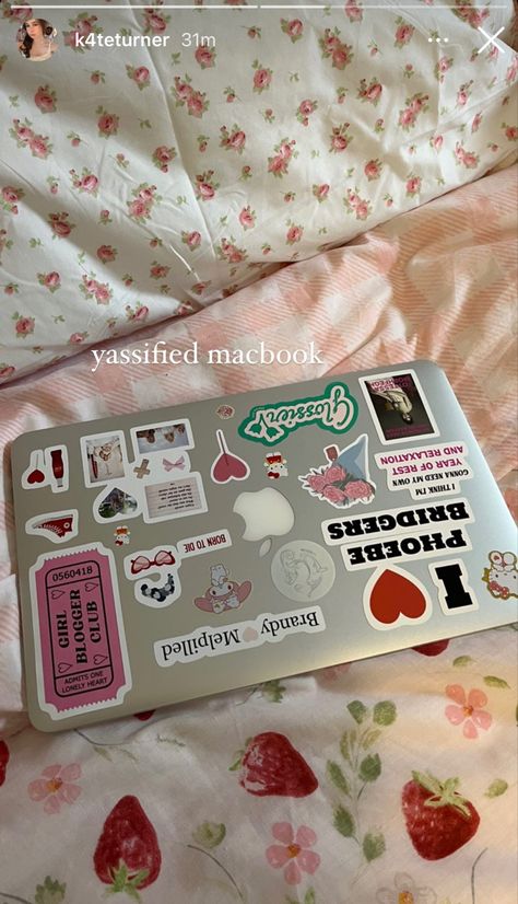 K4teturner Profile, Sticker Laptop Case, Decorated Macbook, Laptop Covered In Stickers, Decorated Computer, Macbook Aesthetic Stickers, Aesthetic Laptop Cover, Macbook Stickers Ideas, Computer Stickers Aesthetic