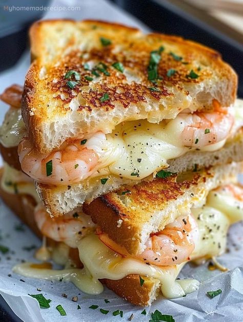 Savor The Unforgettable Cheesy Garlic Bread Shrimp Grilled Cheese - My Home Made Recipe Garlic Cheese Sandwich, Shrimp Melt Sandwich, Unique Grilled Cheese Recipes, Gourmet Food Recipes, Garlic Bread Grilled Cheese, Shrimp Grilled, Tuscan Salmon, Shrimp Appetizer, Home Made Recipes