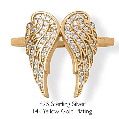 .925 Sterling Silver 16 Karat Gold Plated CZ Angel Wings Ring Angel Wings Ring, Wings Ring, Oval Morganite Ring, Angel Wing Ring, Pear Wedding Ring, Dainty Wedding Ring, Silver Angel Wings, Dainty Band, Yellow Gold Solitaire