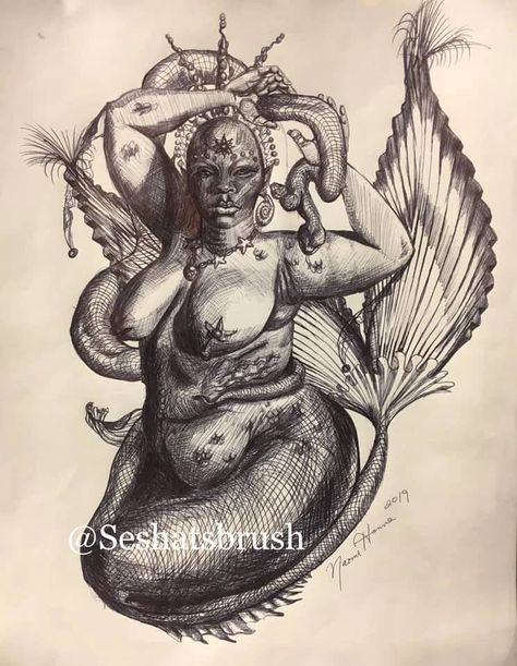 Mami Wata Tattoo, Black Queen Drawing, African Mermaid, Mama Wata, Yemaya Tattoo, Mami Wata, Black Mermaid Tattoo, Black Fairy Tattoo, Black Woman Drawing