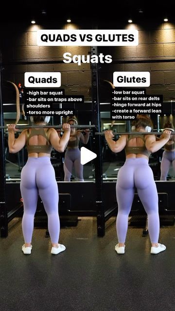 The Sculpt You APP on Instagram: "Quads vs. Glutes ‼️

Build strong legs like Ken by knowing how to change your form on movements to either emphasis your quads or your glutes! This is especially helpful for people who are quad-dominant or glute-dominant and looking to grow their other muscles of their legs!🔥

Let’s walk through some exercises and learn how to make them more quad or glute focused! 

Dumbbell Squat
QUAD:
	⁃	Upright torso
	⁃	Holding dumbbell in goblet position 

GLUTE
	⁃	Forward lean with torso
	⁃	Send hips back and sit into glute

QUAD (forward) vs GLUTE (reverse) Lunges 
For forward lunges (quads):
	⁃	Upright torso
	⁃	Maximizes knee flexion

For reverse lunges (glutes):
 
	⁃	Forward lean with torso
	⁃	Minimizes knee flexion

Hip Thrusts
QUAD: 
	⁃	Legs closer to body

GLUTE Squat Glute Focus, Glute Focused Squats, Reverse Lunges How To Do, Reverse Lunges For Glutes, Grow Glutes Not Quads, Reverse Squats, Lunges Glutes, Quad And Glute Workout, Squats For Glutes