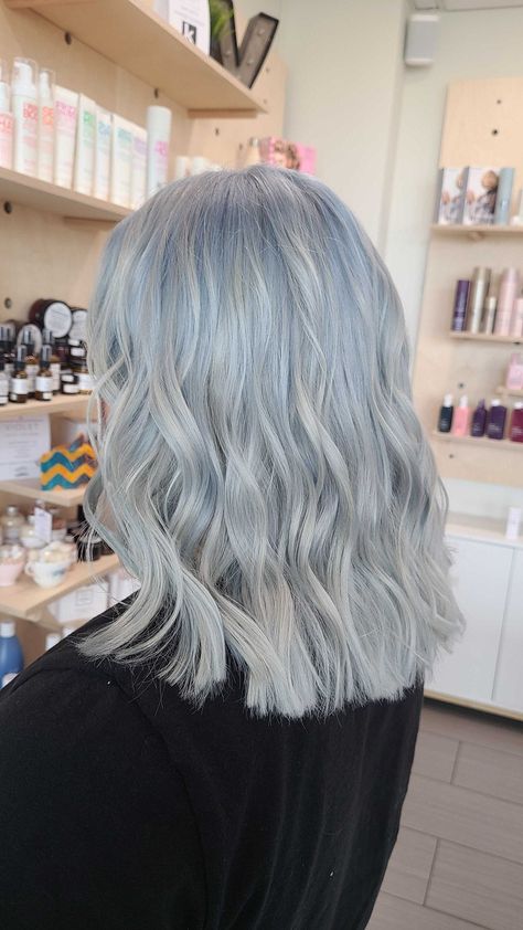 Light Blue Bob Hair, Icy Blue Blonde Hair, Icy Silver Blue Hair, Silver Dyed Hair, Periwinkle Blue Hair, Silver And Blue Hair, Auburn Hair Copper, Blonde Blue Hair, Blue And Silver Hair