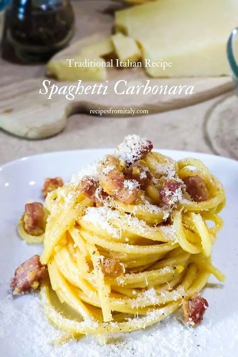 Spaghetti Carbonara Traditional Recipe | Italian Spaghetti alla Carbonara Roman Carbonara Recipe, Carbonara With Guanciale, Recipes With Pecorino Romano, Italian Pasta Carbonara, Roman Pasta Recipes, Homemade Carbonara Pasta, Carbanora Recipe, Pecorino Romano Recipes, Guanciale Carbonara