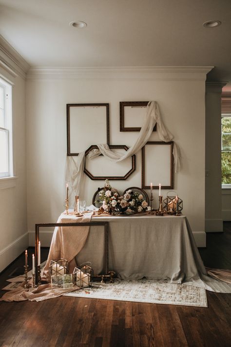 Sweetheart table decorated with copper and blush details and thrifted vintage frames | Image by Avonne Photography Ivory Decor, Asos Wedding Dress, Romantic Wedding Ideas, Candlelit Reception, Airbnb Wedding, Elegant Wedding Inspiration, Wedding Display, Wedding Ceremony Photos, Fall Weddings