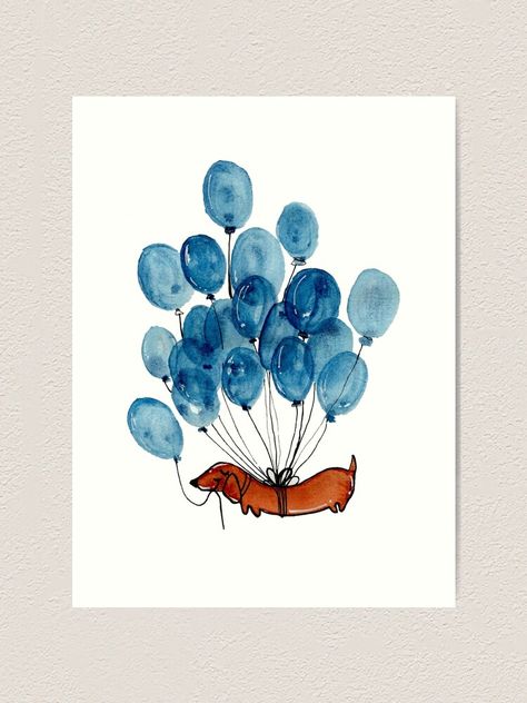 "Dachshund dog and balloons" Art Print for Sale by KaylaPhan | Redbubble Funny Animal Watercolor Paintings, Trendy Watercolor Paintings, Easy Watercolor Dog, Watercolor Gifts Ideas, Watercolor Aesthetic Art, Watercolor Inspo Easy, Watercolour Cards Ideas, Watercolor Art Simple, Watercolor Painting Ideas Easy