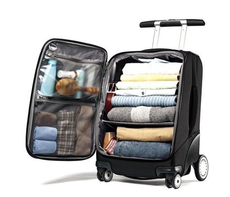 Samsonite 21" EZ Cart - shelves on the inside Travel Essentials Men, Carry On Bag Essentials, Travel Essentials List, Travel Essentials For Women, Organized Packing, Suitcase Packing, Kids Travel, Packing Tips For Travel, Essential Bag